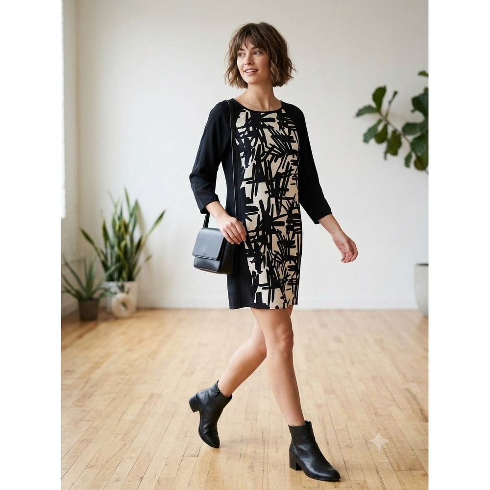 Tibi New York Black Cream Abstract Silk Shift Dress 3/4 Sleeve Size 8